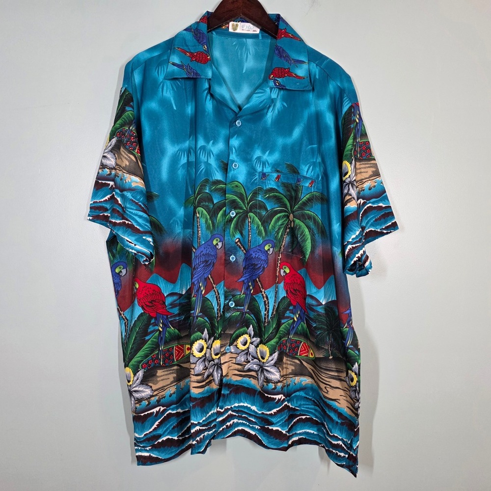 VHO Mens Hawaiian Shirt 3XL Blue Parrot Palm Tree Tropical Terivoile Button Down